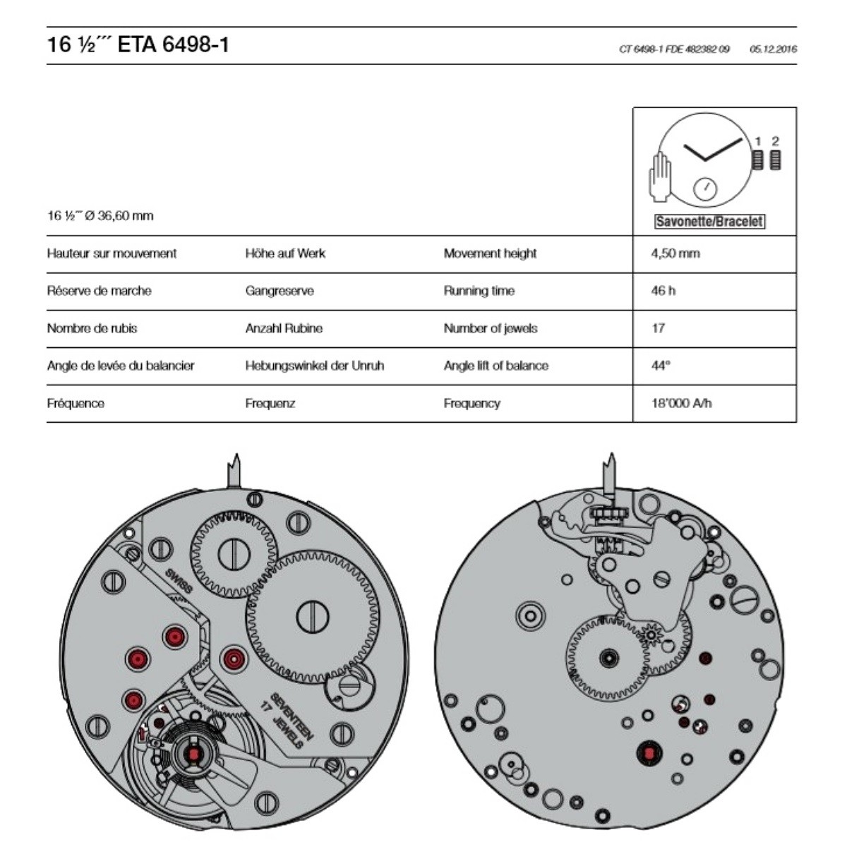Mouvement de montre Unitas ETA 6498 1 SS Savonette Acheter un mouvement ETA de remplacement