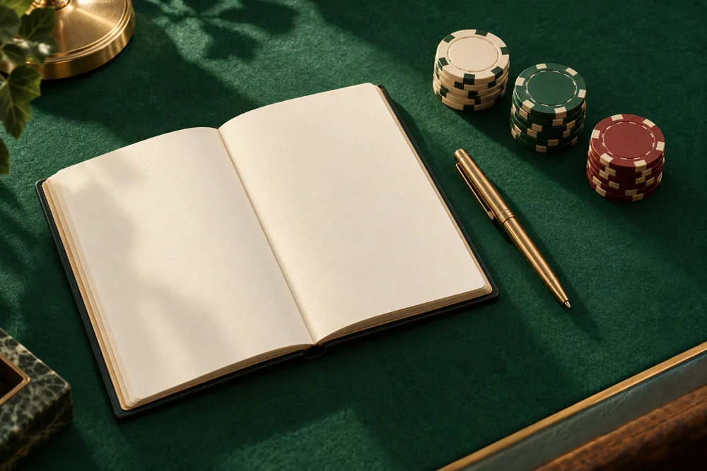 Carnet ouvert et jetons sur une table de jeu verte